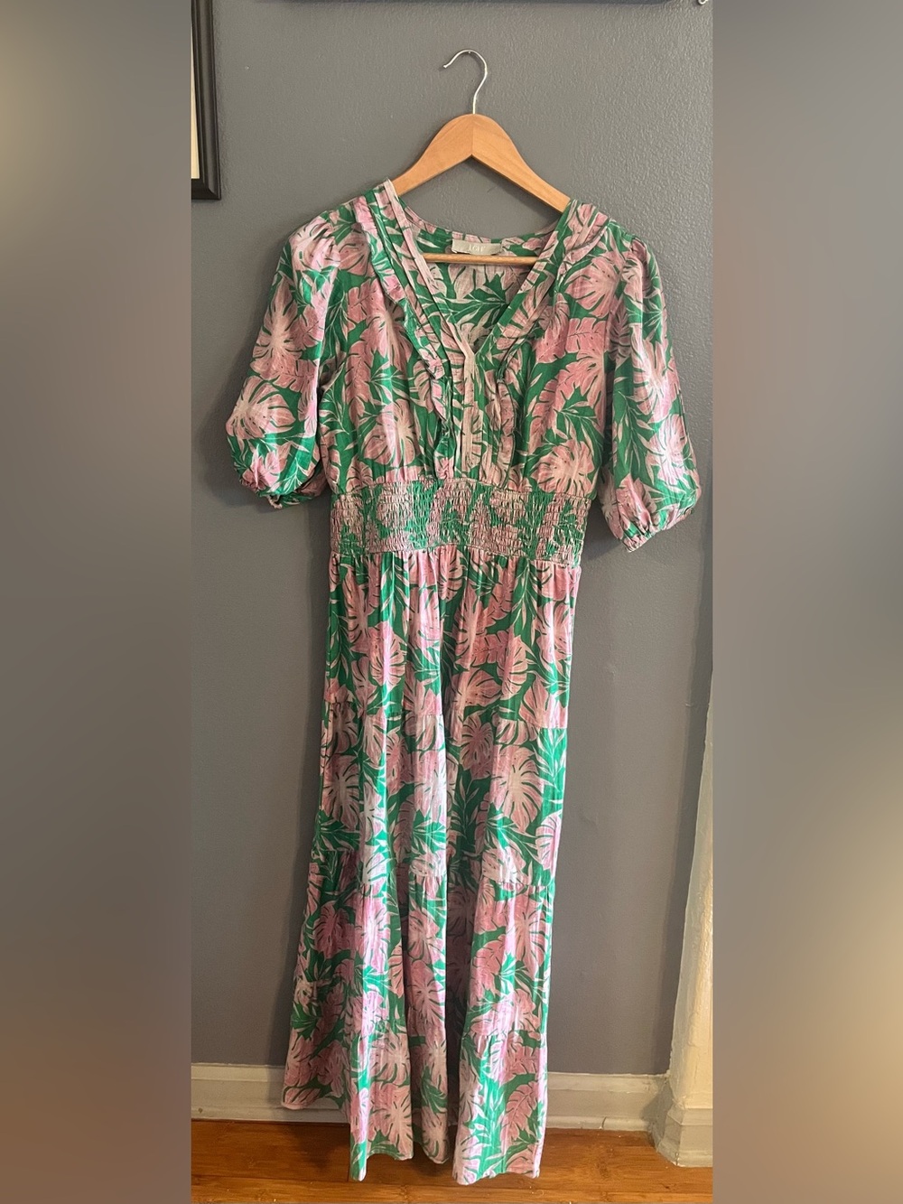 Floral Pink & Green Maxi Dress with Smocked Waist